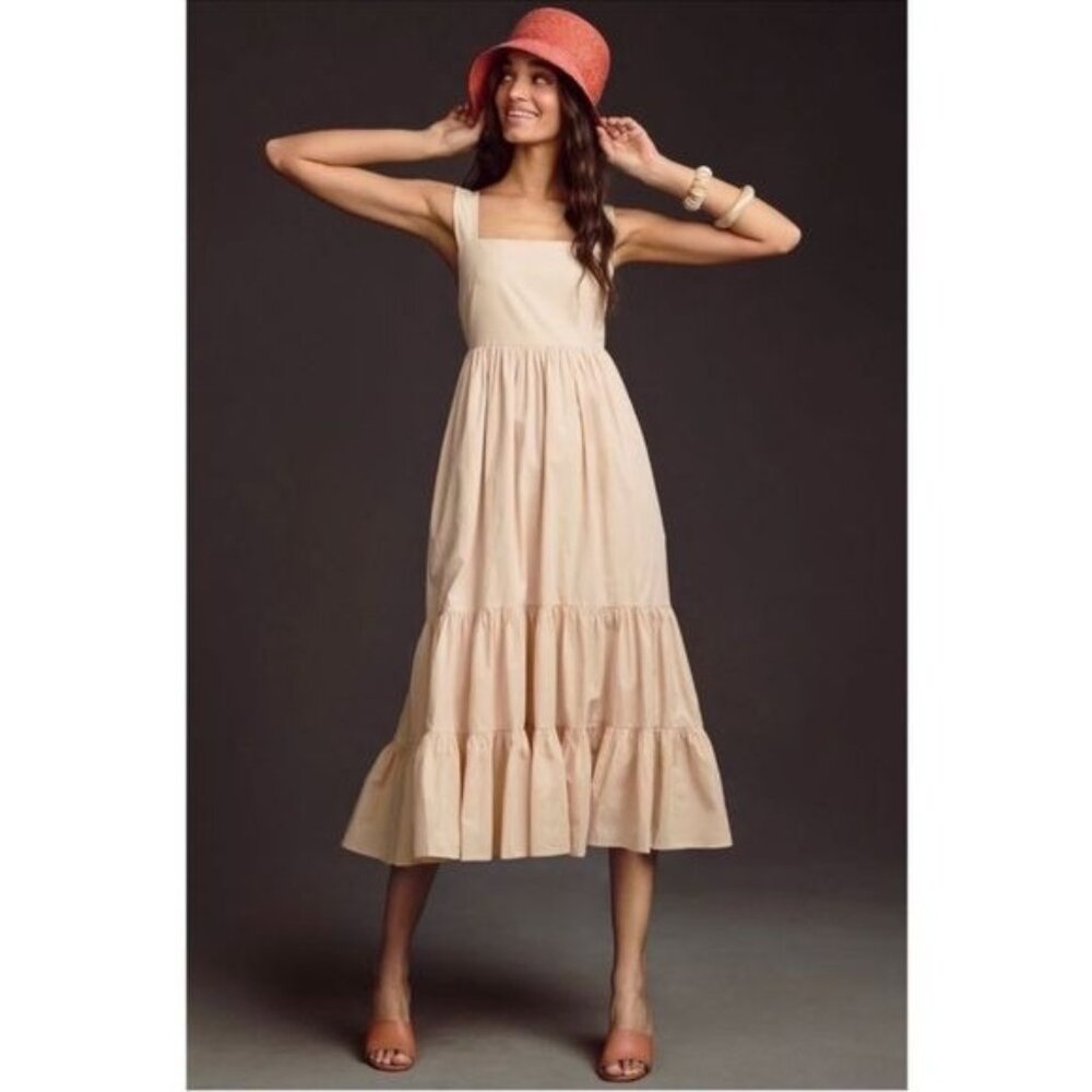 By Anthropologie Square-Neck Tiered Cotton Lined Midi Dress small